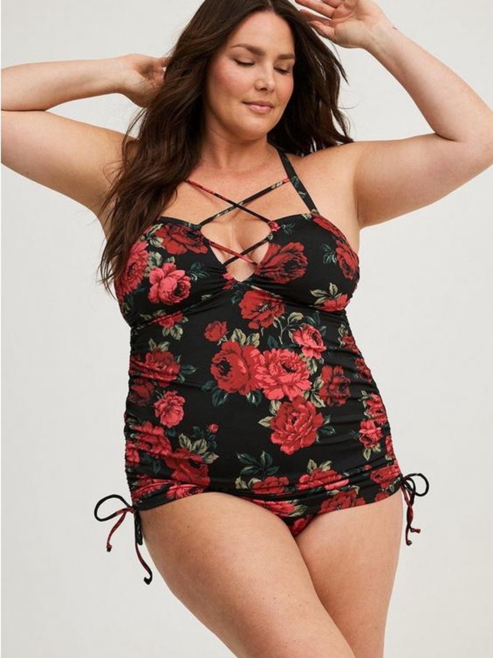 Torrid Black Floral Crisscross Swim Dress